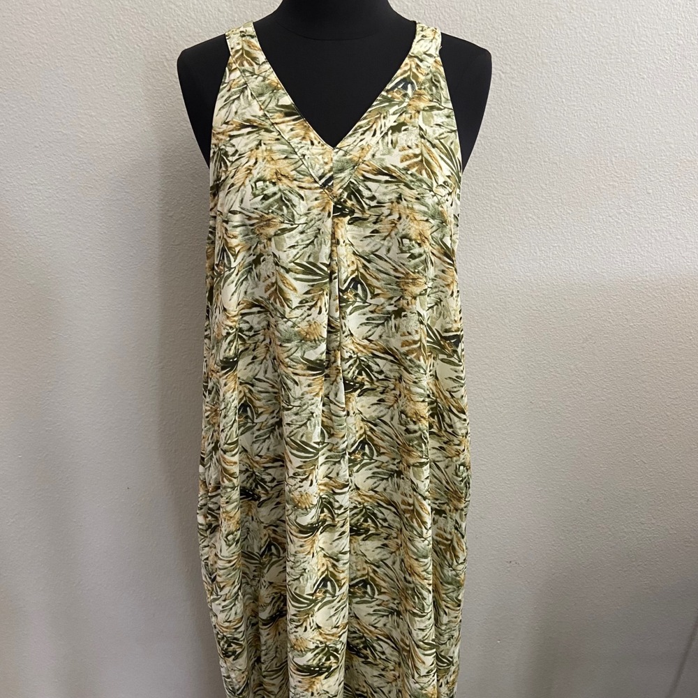 Entro Women S Green Tan Tropical Maxi Dress New Boho‎ Sleeveless V-Neck Pocket